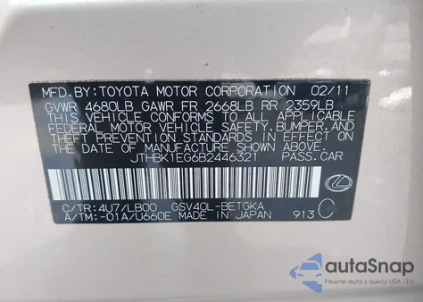 2011 Lexus Es 350 из США, поврежденный, VIN JTHBK1EG6B2446321